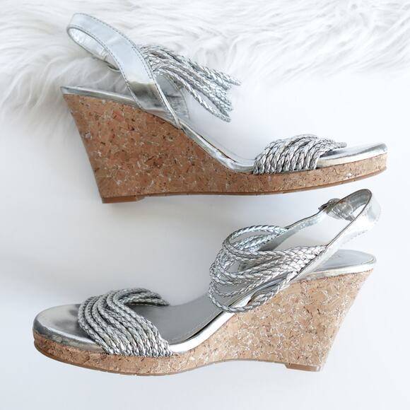 BCBG Paris Metallic Silver Faux Leather Woven Rope Strappy Cork Open Toe Wedges - Picture 3 of 15